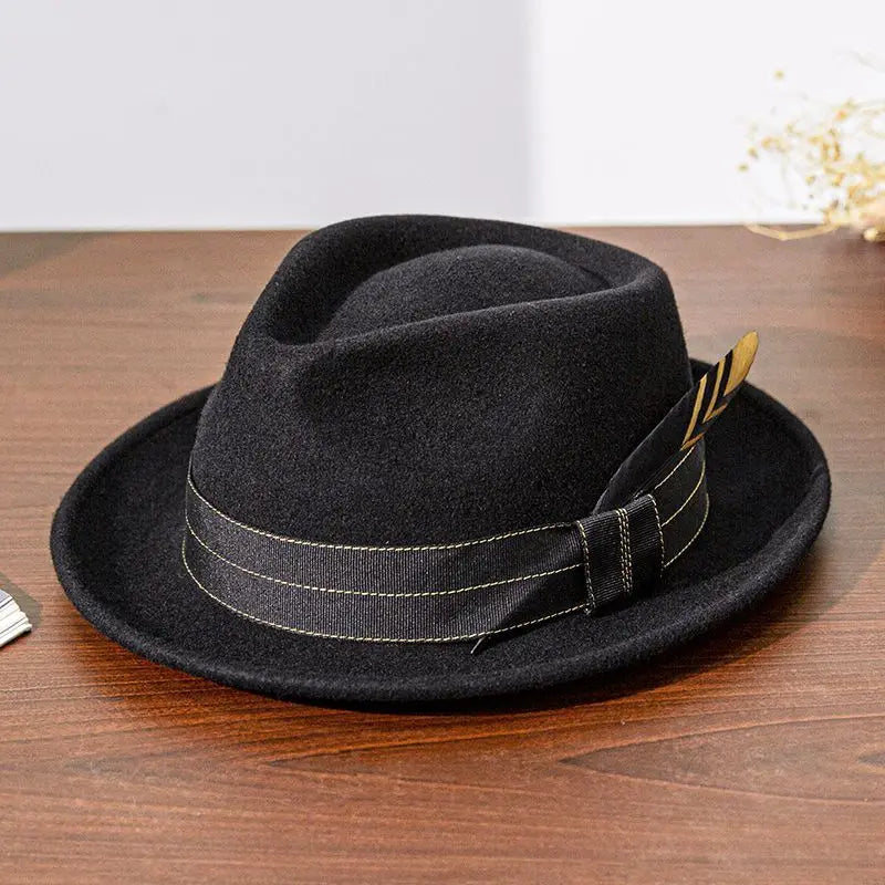 FS Retro Warped Brim Black Hats for Men With Ribbon Feather Panama British Cap Wool Felt Fedoras Jazz Hat Women Unisex