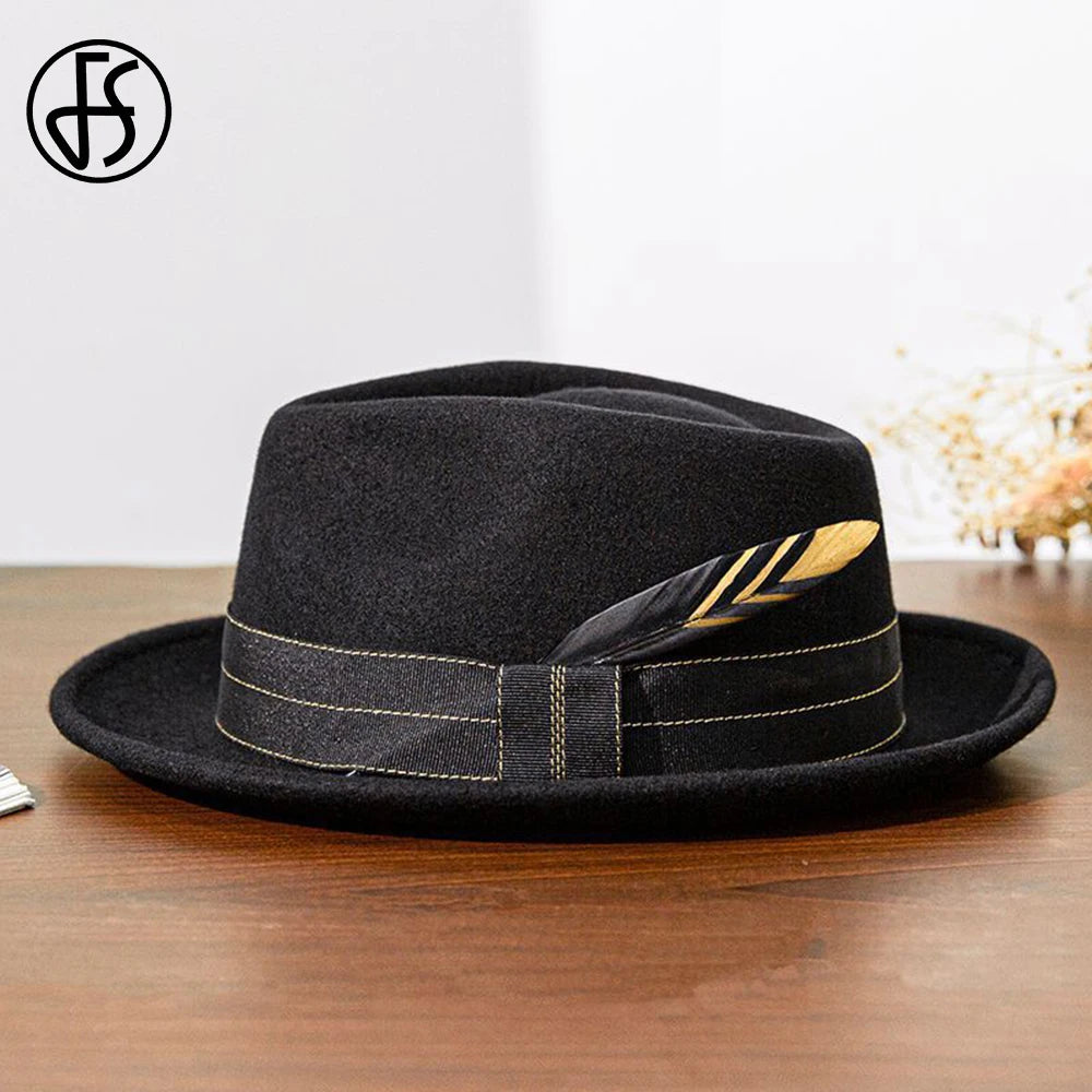 FS Retro Warped Brim Black Hats for Men With Ribbon Feather Panama British Cap Wool Felt Fedoras Jazz Hat Women Unisex