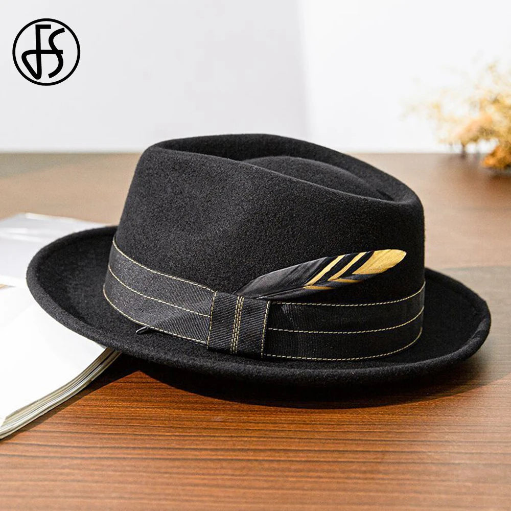 FS Retro Warped Brim Black Hats for Men With Ribbon Feather Panama British Cap Wool Felt Fedoras Jazz Hat Women Unisex