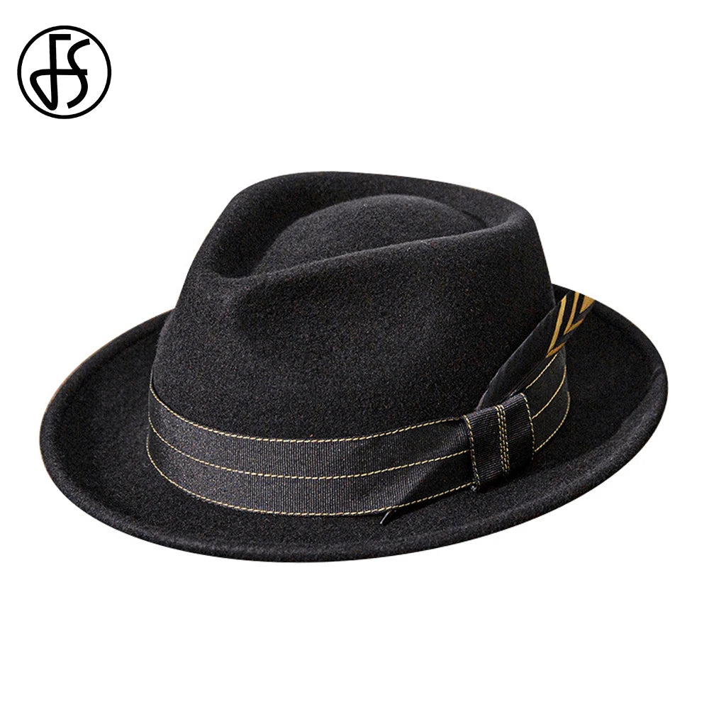 FS Retro Warped Brim Black Hats for Men With Ribbon Feather Panama British Cap Wool Felt Fedoras Jazz Hat Women Unisex