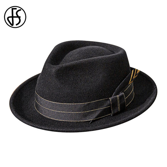 FS Retro Warped Brim Black Hats for Men With Ribbon Feather Panama British Cap Wool Felt Fedoras Jazz Hat Women Unisex