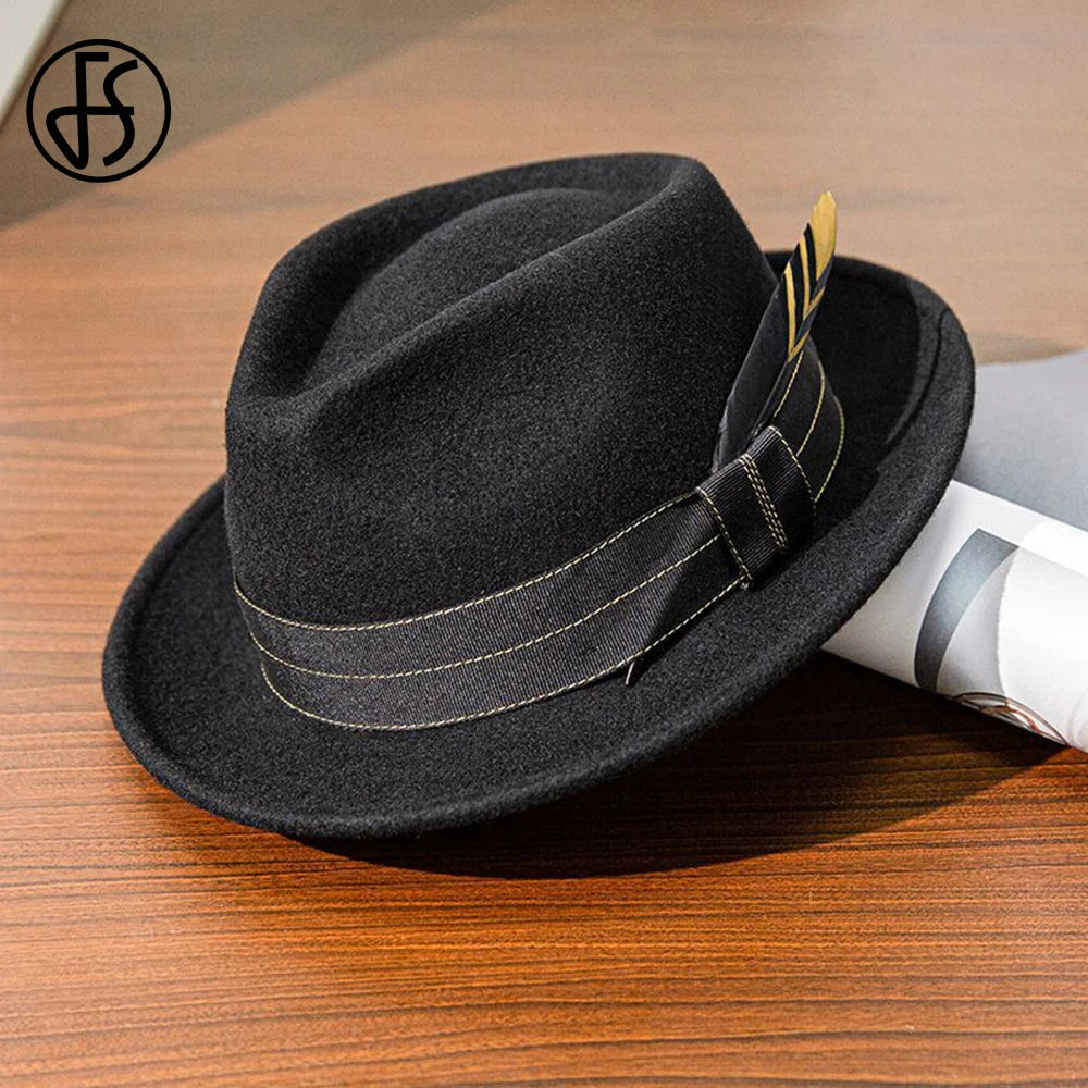 FS Retro Warped Brim Black Hats for Men With Ribbon Feather Panama British Cap Wool Felt Fedoras Jazz Hat Women Unisex