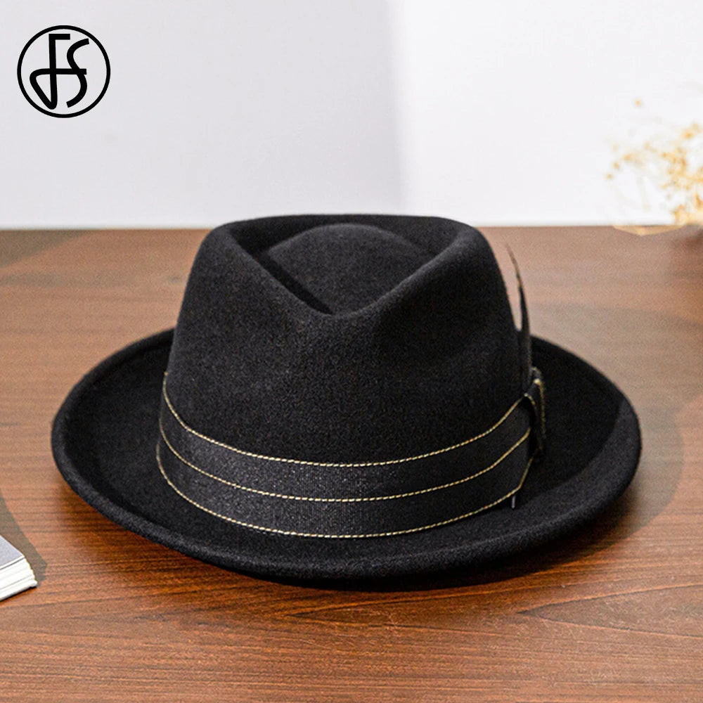 FS Retro Warped Brim Black Hats for Men With Ribbon Feather Panama British Cap Wool Felt Fedoras Jazz Hat Women Unisex